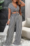 Black Sexy Striped Print Bandage Patchwork V Neck Short Sleeve Two Pieces