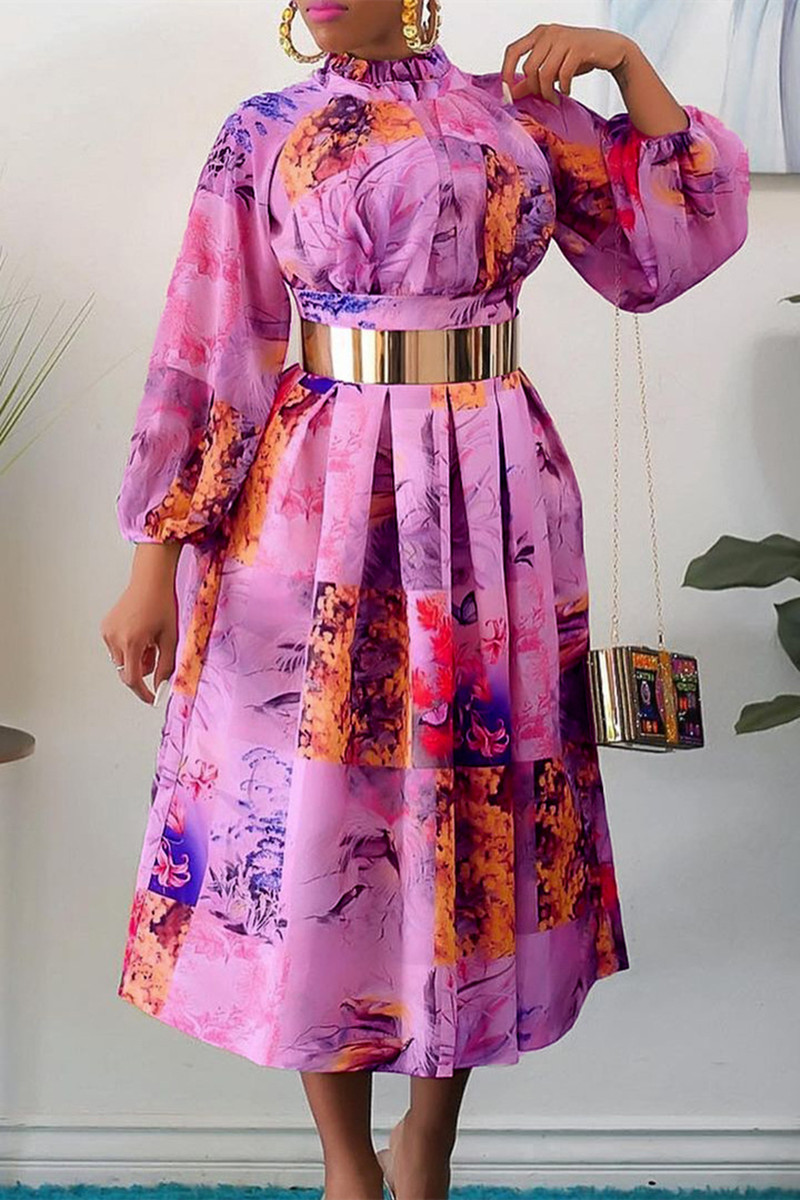 

Purple Fashion Casual Print With Belt Turtleneck Long Sleeve Dresses