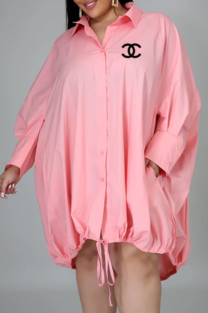 

Pink Fashion Street Print Letter Turndown Collar Shirt Dress Dresses