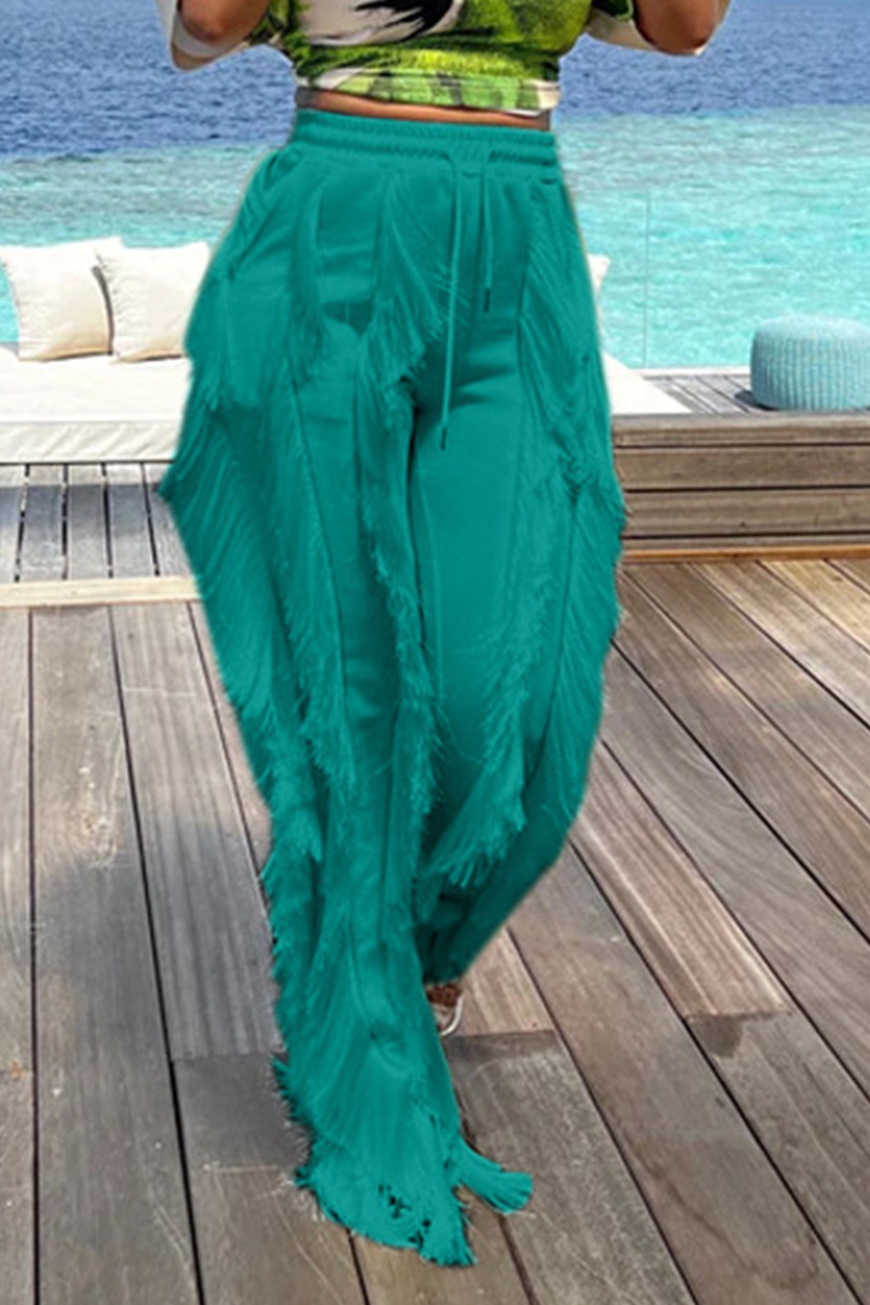 

Green Casual Solid Tassel Loose Mid Waist Wide Leg Solid Color Bottoms