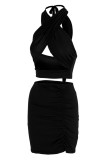 Черная мода сексуальная сплошная повязка с открытой спиной Холтер без рукавов из двух частей