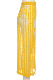 Geel sexy effen uitgeholde patchwork rechte rechte patchworkbroek met hoge taille