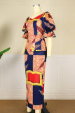 Vestido de manga corta con cuello en V básico con estampado casual de moda multicolor