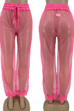 Pink Sexy Solid Patchwork See-through Straight High Waist Pencil Solid Color Bottoms