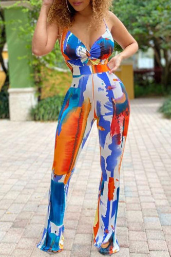 Multicolor Sexy Casual Print Backless Spaghetti Strap Skinny Jumpsuits