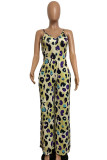 Yellow Casual Print Patchwork Spaghetti Strap Straight Jumpsuits