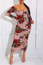 Pink Fashion Casual Print Basic O-Ausschnitt Langarm-Kleider