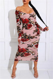 Rosa Mode Casual Print Basic O-hals långärmade klänningar