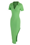 Hellgrüne sexy einfarbige Patchwork-Kleider mit Schlitz und Umlegekragen