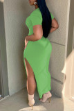 Hellgrüne sexy einfarbige Patchwork-Kleider mit Schlitz und Umlegekragen