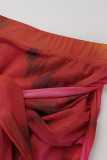 Красный Сексуальный принт Пэчворк Прозрачный О-образный вырез с длинным рукавом Из двух частей