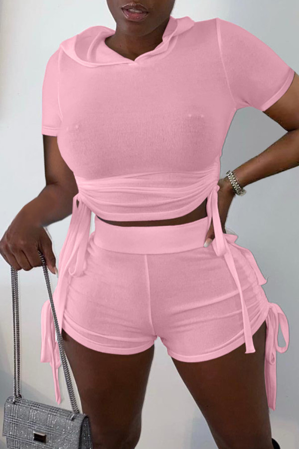 ピンクのファッションカジュアルな固体包帯フード付き襟半袖XNUMXピース