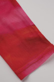 Dos piezas de manga larga con cuello en O transparente de patchwork con estampado sexy rojo