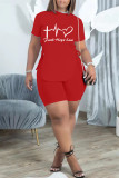 Rose Red Fashion Casual Print Bandage Slit O Neck Short Sleeve Two Pieces