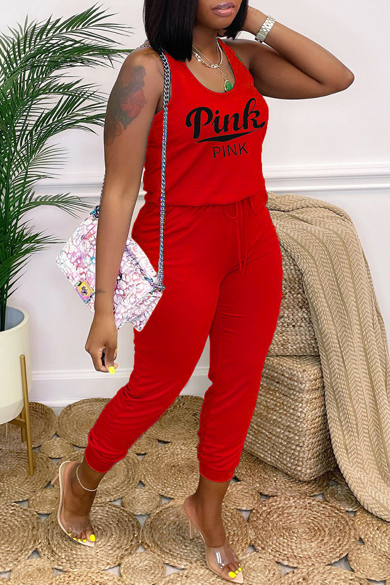 

Red Fashion Casual Letter Print Basic O Neck Regular Jumpsuits
