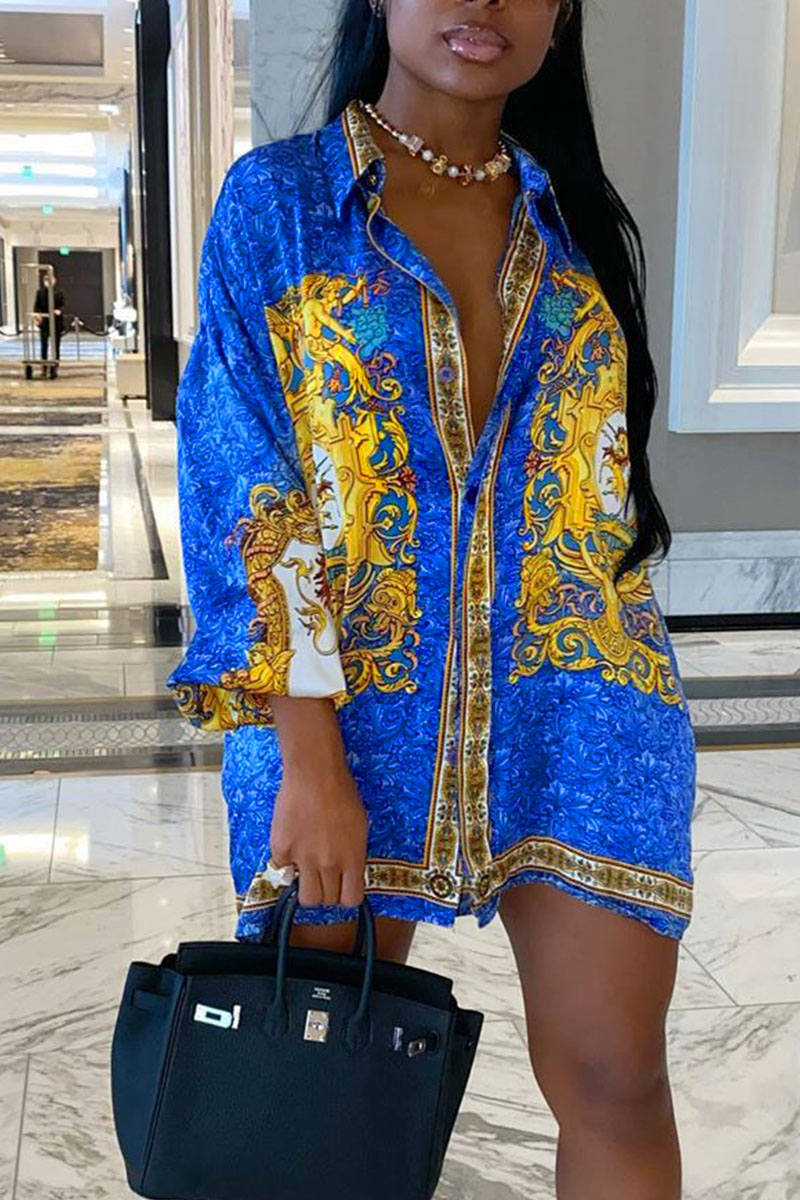 

Blue Casual Print Split Joint Buckle Turndown Collar Shirt Dress Plus Size Dresses