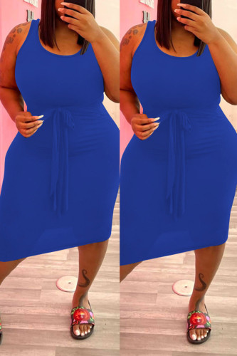 Blue Fashion Casual Plus Size Solid Basic U Neck Vest Dress