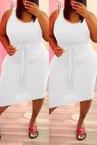 Белое модное повседневное платье с жилетом больших размеров, однотонное базовое платье с U-образным вырезом