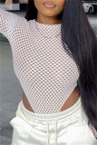 White Fashion Sexy Solid Hollowed Out See-through O Neck Skinny Bodysuits