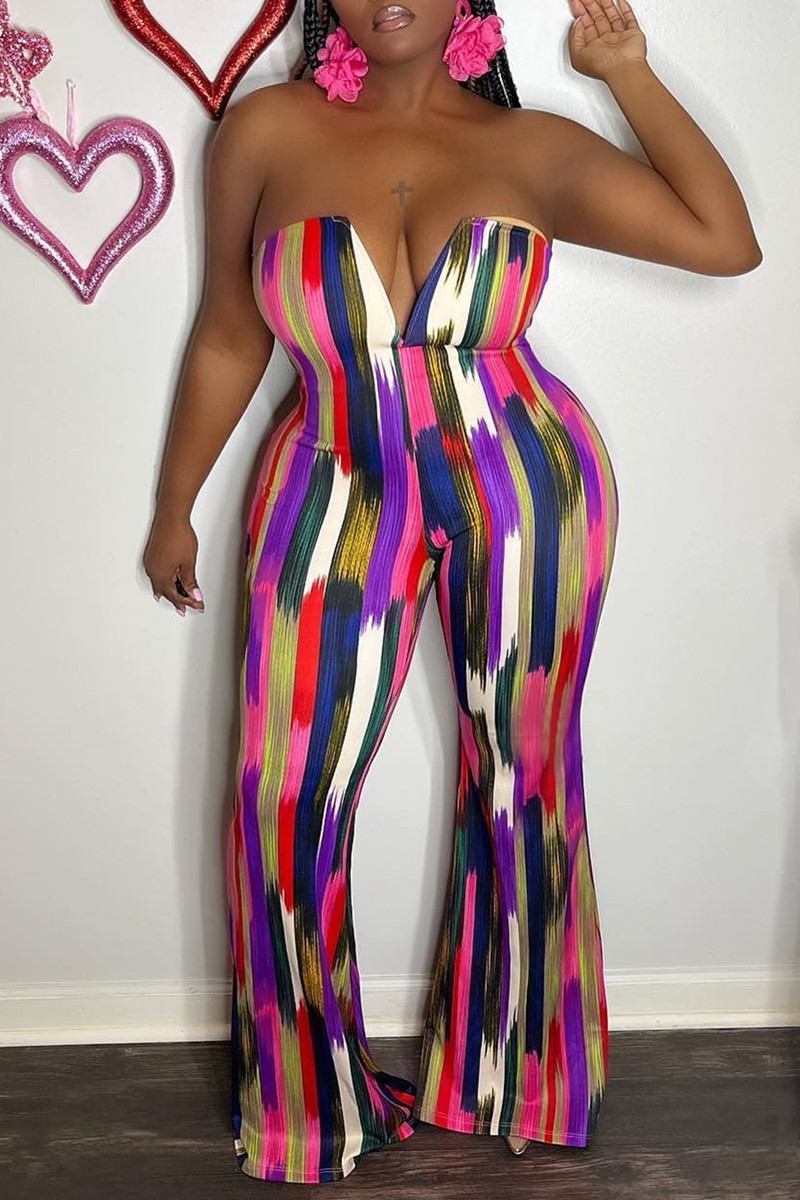 

Multicolor Fashion Sexy Print Backless Strapless Skinny Jumpsuits