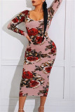Rosa Mode Casual Print Basic O-hals långärmade klänningar