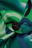 Vestidos de falda de tubo de cuello oblicuo de patchwork con estampado sexy verde