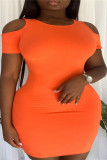 オレンジ色のファッションカジュアルソリッドくり抜かれたOネック半袖ドレスドレス