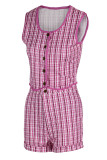 Pink Sexy Plaid Print Patchwork Buckle O Neck Sleeveless Two Pieces
