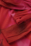 Rosso Sexy Stampa Patchwork Trasparente O Collo Manica lunga Due pezzi