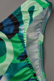 Vestidos de falda de tubo de cuello oblicuo de patchwork con estampado sexy verde
