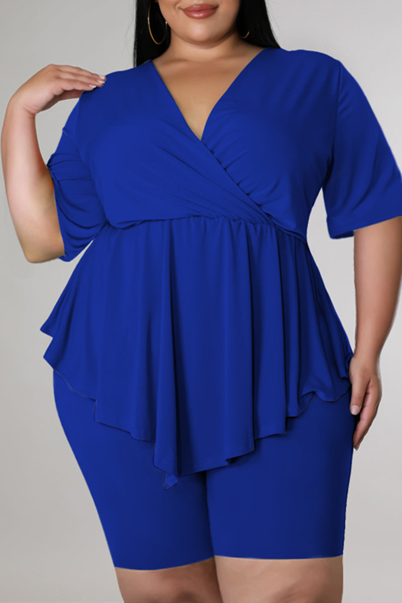 

Blue Fashion Casual Solid Split Joint Asymmetrical V Neck Plus Size Two Pieces