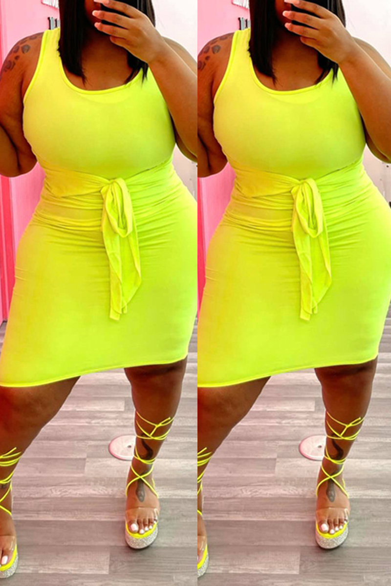 

Fluorescent Color Fashion Casual Plus Size Solid Basic U Neck Vest Dress