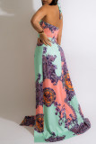 Roze mode sexy print uitgeholde backless spleet strapless lange jurk