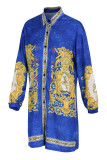 Vestido de camisa azul estampado casual patchwork fivela virada para baixo vestidos plus size