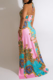Розовое модное сексуальное длинное платье без бретелек с вырезом на спине и принтом