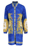 Robe chemise à col rabattu à imprimé patchwork décontracté bleu Robes de grande taille
