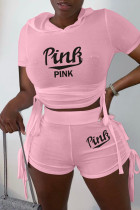 Pink Fashion Casual Letter Print Bandage Kapuzenkragen Kurzarm Zweiteiler