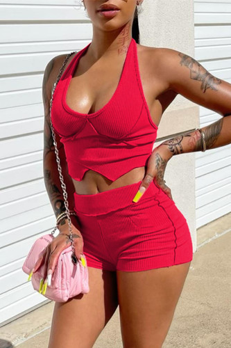 Red Sexy Casual Solid Split Joint Backless Halter Sleeveless Two Pieces