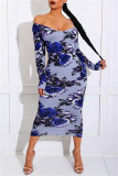 Blå Mode Casual Print Basic O-hals långärmade klänningar