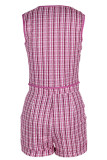 Pink Sexy Plaid Print Patchwork Buckle O Neck Sleeveless Two Pieces