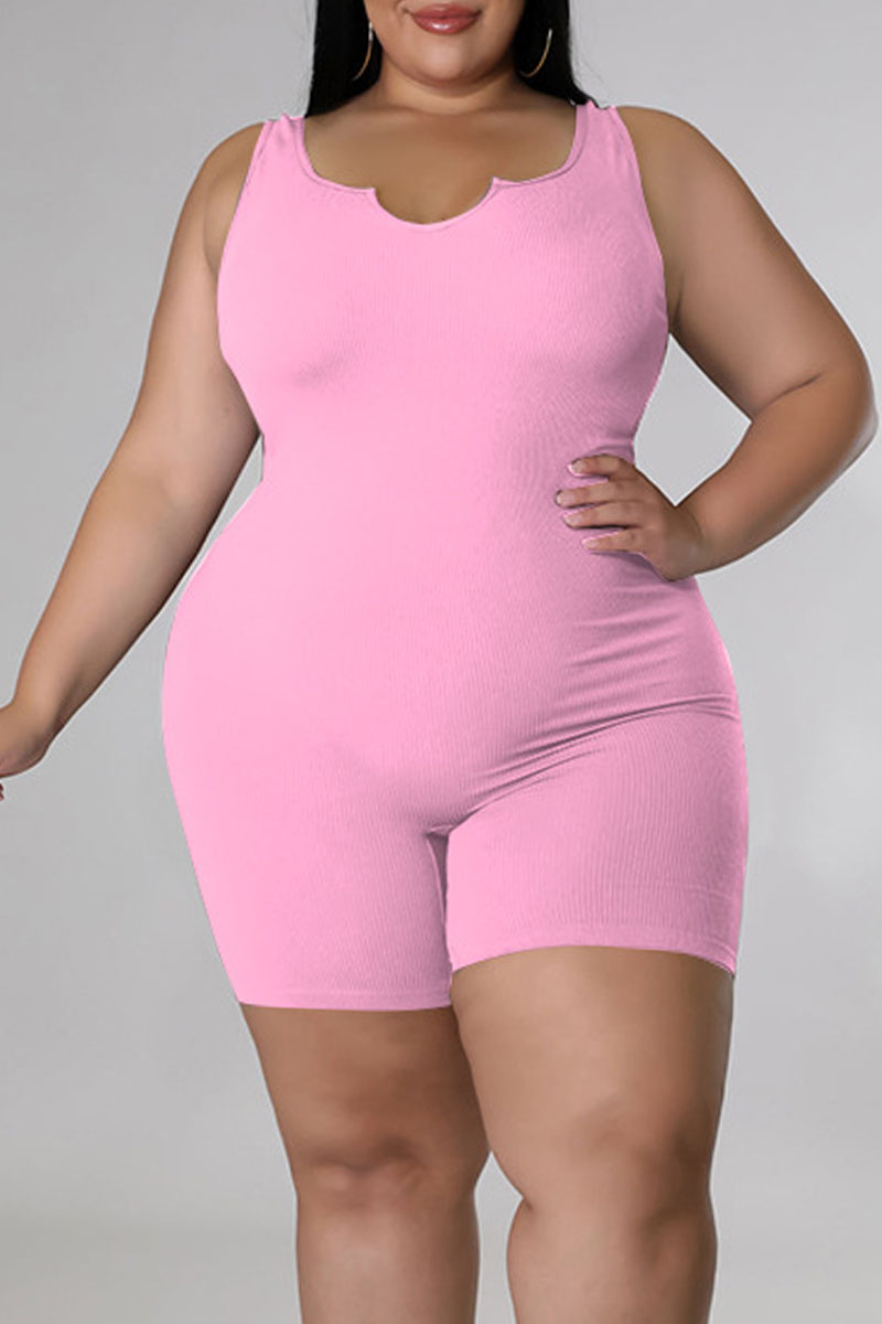 

Pink Plus Size Fashion Solid Split Joint Spaghetti Strap Plus Size Jumpsuits