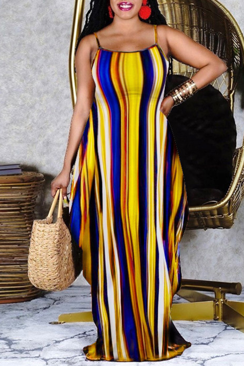 

Yellow Sexy Casual Striped Print Backless Spaghetti Strap Long Dress