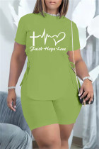 フルーツグリーンファッションカジュアルプリント包帯スリットOネック半袖ツーピース