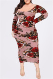 Pink Fashion Casual Print Basic O-Ausschnitt Langarm-Kleider