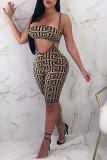 Brown Fashion Sexy Print Patchwork Strapless Two Pieces