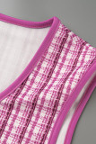 Розовый сексуальный клетчатый принт в стиле пэчворк с пряжкой и круглым вырезом без рукавов из двух частей
