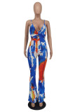 Multicolor Sexy Casual Print Backless Spaghetti Band Skinny Jumpsuits