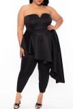 Black Fashion Sexy Solid Backless Asymmetrical Strapless Plus Size Two Pieces