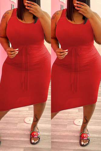 Red Fashion Casual Plus Size Solid Basic U Neck Vest Dress