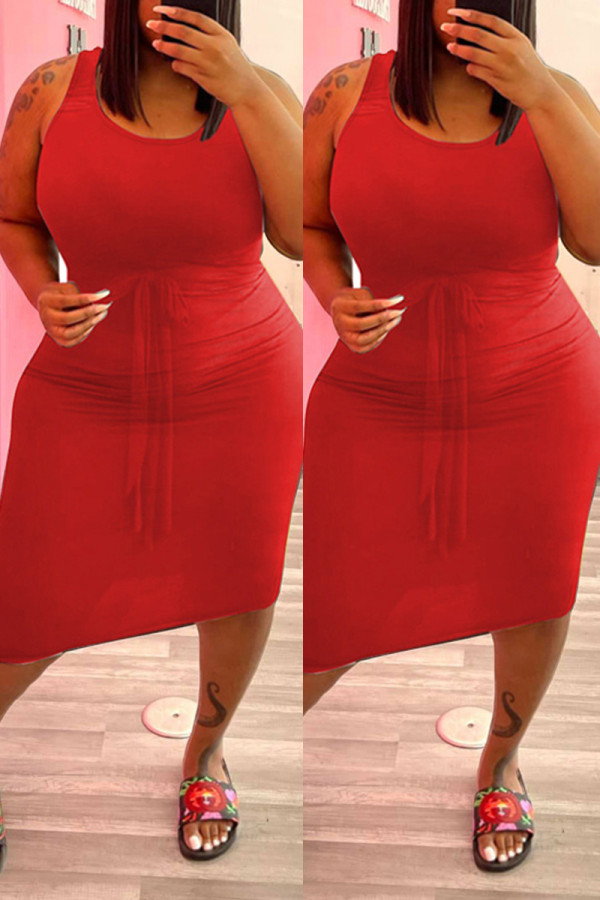 Red Fashion Casual Plus Size Solid Basic U-Ausschnitt Weste Kleid